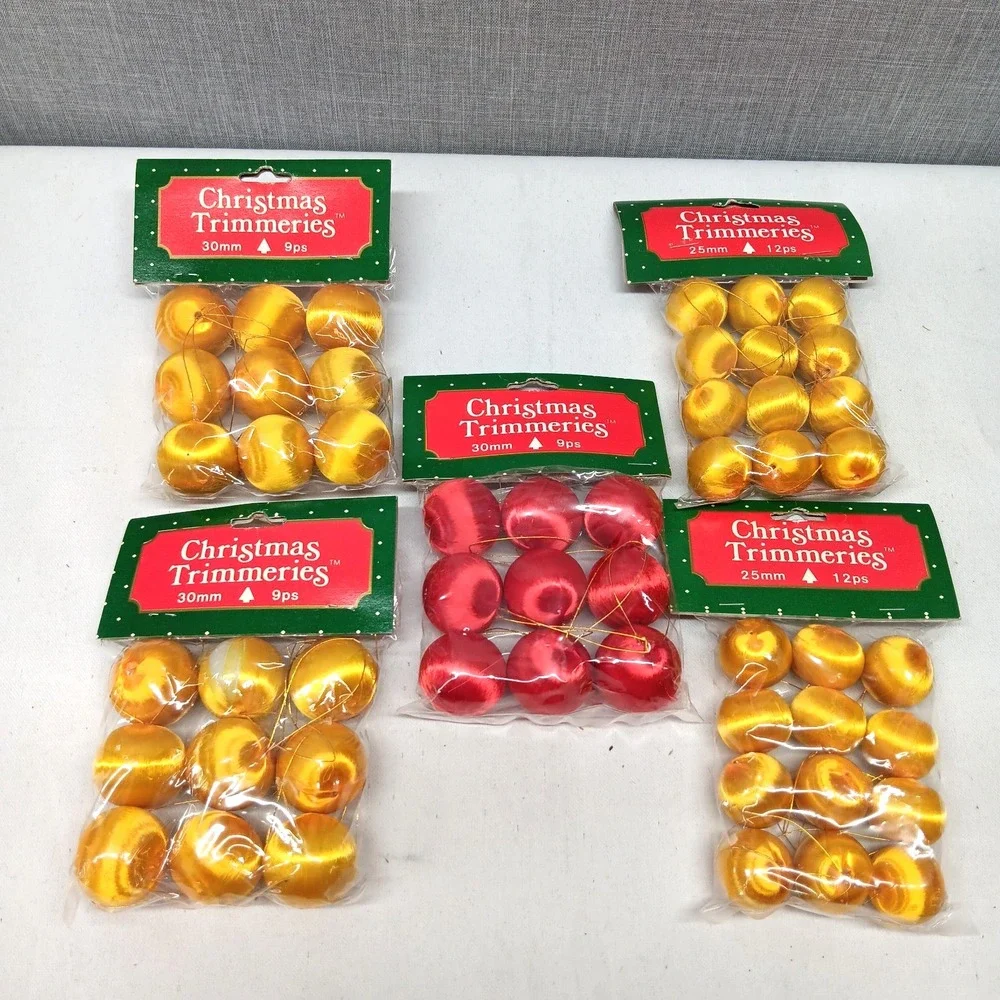 MCM Satin Christmas Ornaments Mini Red Gold‎ Ball Decor Vintage NOS 45 Pc Retro